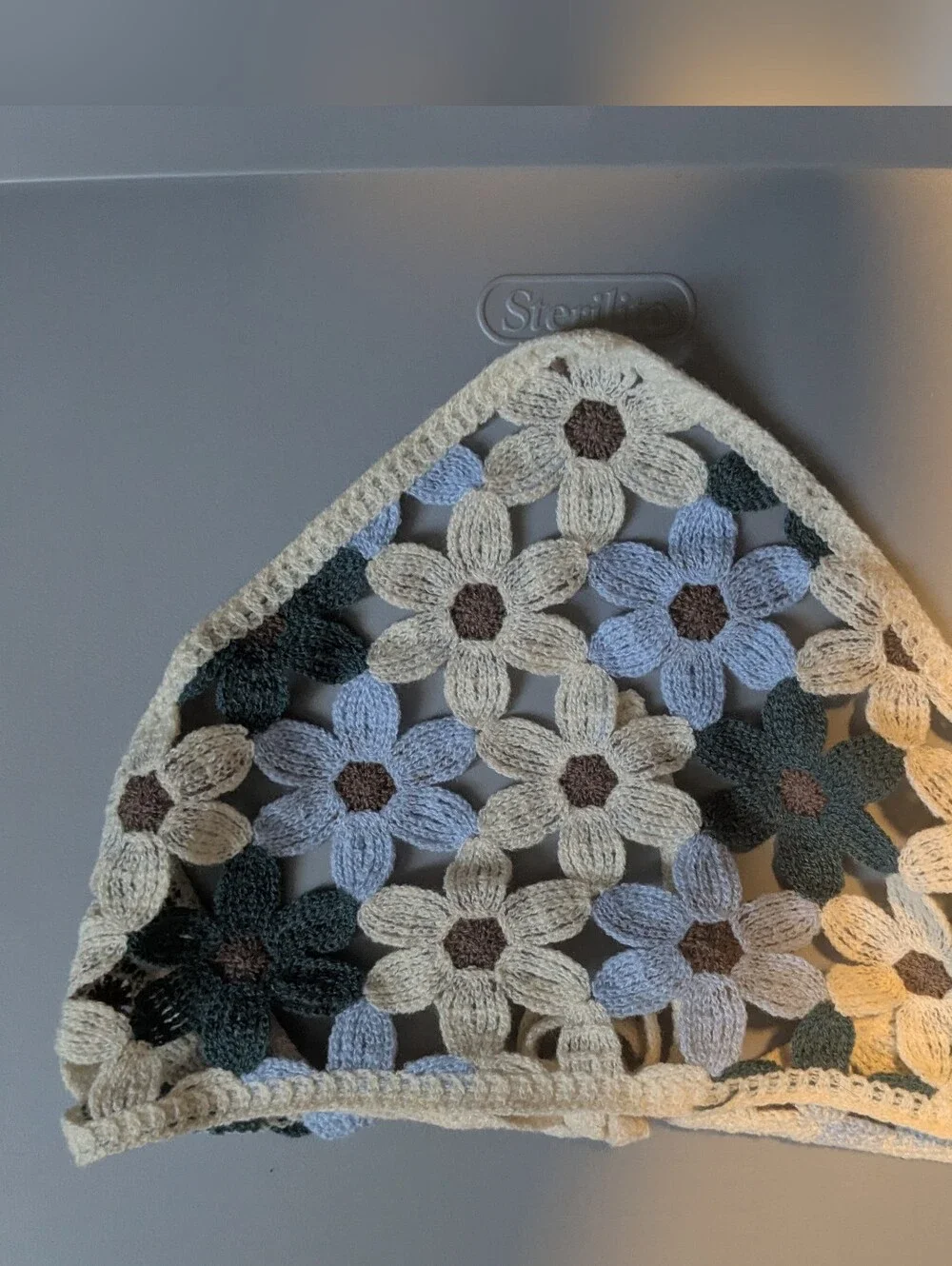 Crochet Floral Headscarf - Cream, Light Blue & Dark Green